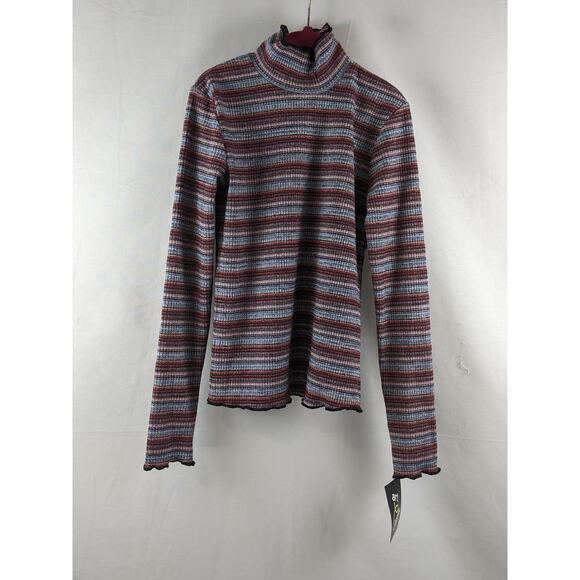 Art Class Lettuce Edge Mock Neck Top L Striped Red Metallic Pullover Long Sleeve - Picture 6 of 7